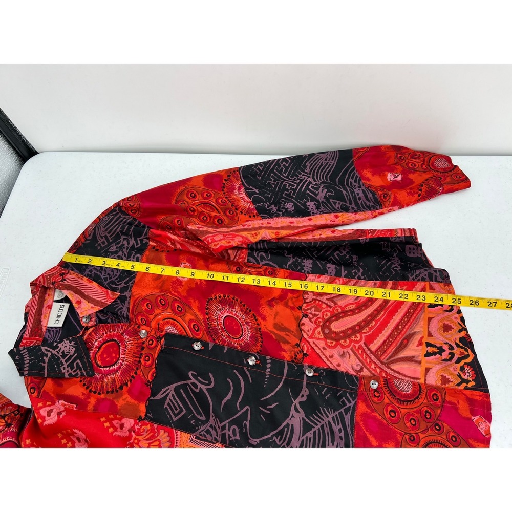 Chicos Womens Size 1 US M Silk Patchwork Paisley Button Down Shirt Red Black - Picture 8 of 11
